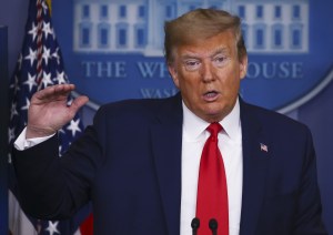 U.S. President Donald Trump speaks during a news conference at the White House in Washington D.C., U.S. on Saturday, April 18, 2020.