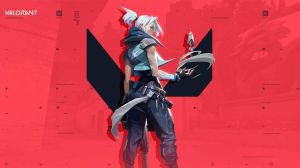 Key art for Valorant, Jett, an asian women with white hair in a ponytail, holds a hand out, above which a dagger floats, against a stark red background with a stylized V