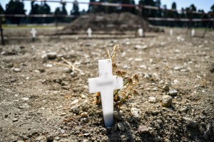 Cover: White crosses delimiting the areas for new burials are scattered at the Maggiore cemetery in Milan, Italy, Thursday, April 23, 2020. (Claudio Furlan/LaPresse via AP)​