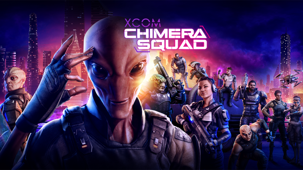 Key art for XCOM: Chimera Squad, a Sectoid alien touches it's hand to it's temple, smiling, while behind a mix of humans and other aliens, all wearing XCOM tactical gear, stand and pose with their squadmates