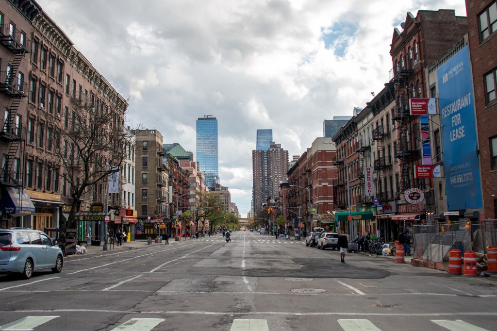 View of an empty 9th Avenue where a large sign reads, "Restaurant for Lease" amid the coronavirus pandemic on April 21, 2020 in New York City, United States