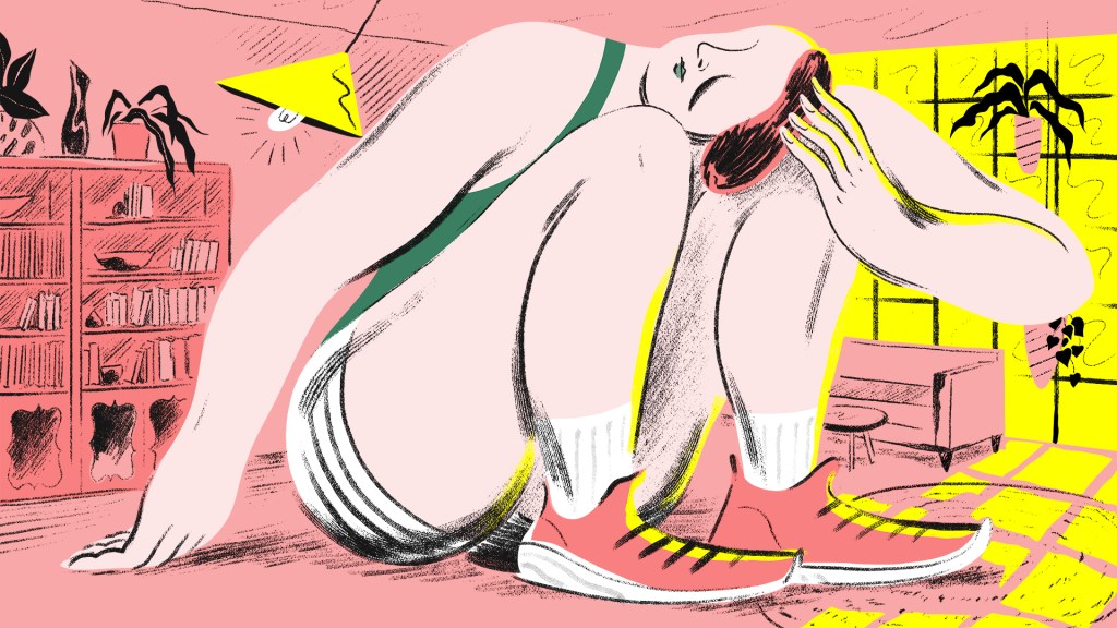 Illustration of an oversized woman crouched in an apartment