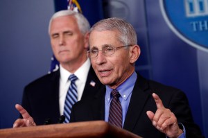 Dr. Anthony Fauci, director of the National Institute of Allergy and Infectious Diseases, speaks about the coronavirus in the James Brady Press Briefing Room of the White House, Thursday, April 9, 2020, in Washington, as Vice President Mike Pence listens.