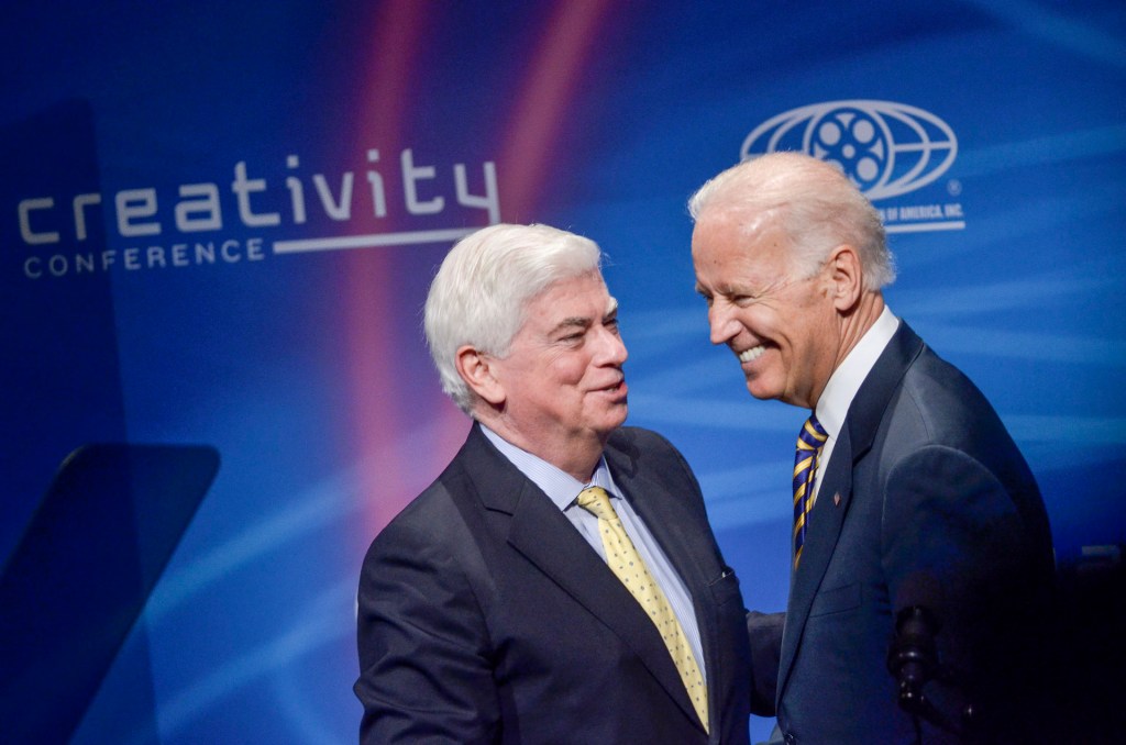 Chairman and CEO of the Motion Picture Association of America Chris Dodd and U.S Vice President Joe Biden speak during the 2nd Annual Creativity Conference presented by the Motion Picture Association of America at The Newseum on May 2, 2014 in Washington,