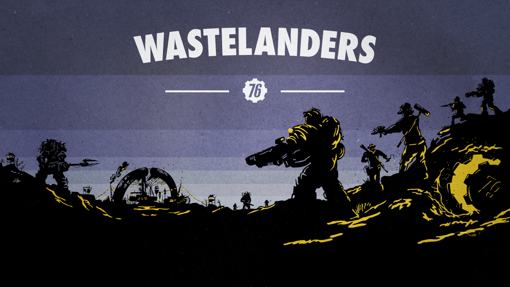 Fallout 76 Wastelanders Key Art, a stark black landscape with the silhouettes of people with various Fallout style guns and armor facing off against each other, comic like highlights in yellow giving them form. The text "Wastelanders" floats in the purple