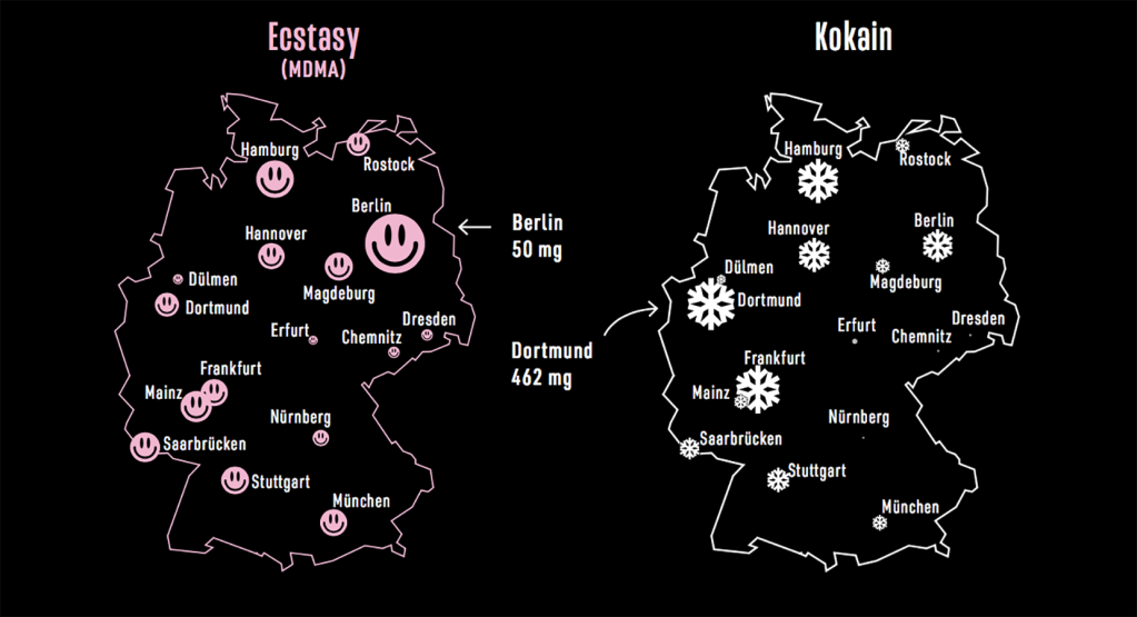 Zwei Karten, die anzeigen, wie viel Ecstasy bzw Kokain in deutschem Abwasser ist