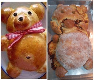 Foto de um pão em formato de urso bem feito e o outro todo destruído