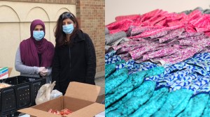 Left: Volunteers with the ​Islamic Center of Greater Cincinnati​ distribute food to the homeless during the COVID-19 pandemic. Right: Masks made by volunteers at the Islamic Center of Greater Cincinnati​ for donation