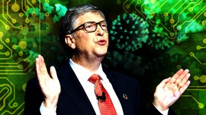 Bill Gates steht vor vergrößerten Mikrochips und Corona-Viren