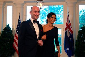 White House Senior Advisor Stephen Miller and Katie Waldman arrive in the Booksellers area of the White House to attend a State Dinner honoring Australian Prime Minister Scott Morrison, in Washington, DC, on September 20, 2019.