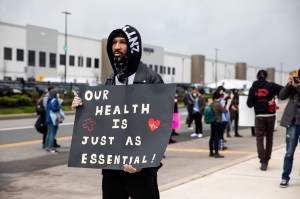 Chris Smalls, a fired Amazon fulfillment centre employee, protests outside an Amazon.com facility in New York City on May 1