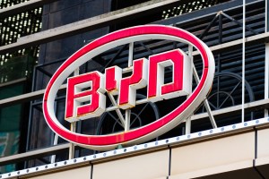 Chinese automobile and rechargeable battery producer, BYD logo seen in Shenzhen.