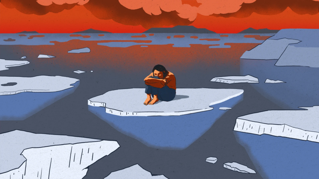 Illustration of a person sitting alone on an iceberg