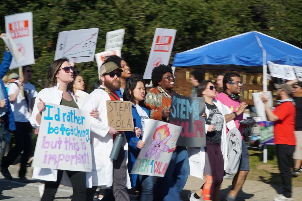 Grad student strikers at UC Santa Cruz. Documents have revealed that California police used military surveillance tech at strikes.