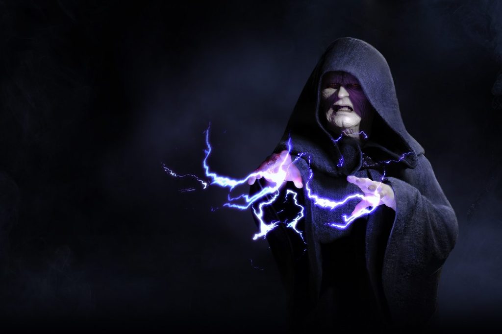 Emperor Palpatine from Star Wars Battlefront II, wearing his iconic black robes, and shooting purple-blue lighting from his fingertips