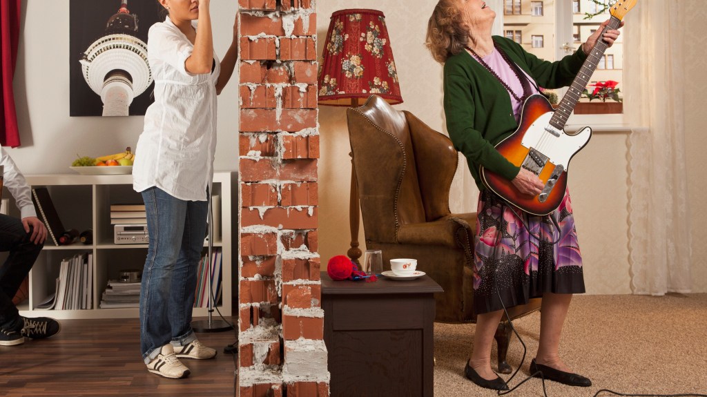 Split screen couple mad at older woman neighbor playing guitar