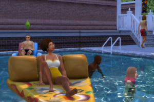 The Motherboard Sims relaxing in the pool.