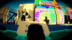 Screenshot from Urugami Generation, a fish eye image of the back of a penguin's head, with three teenaged people leaning against walls covered in vibrant grafiti