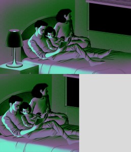 Illustration of a father reading to his son in bed while the mother looks off into the distance