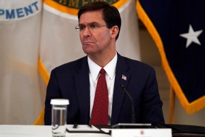 Defense Secretary Mark Esper listens during a Cabinet Meeting with President Donald Trump in the East Room of the White House, Tuesday, May 19, 2020, in Washington. (AP Photo/Evan Vucci)