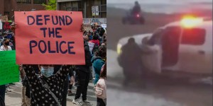 Defund the police protest sign; RCMP vehicle hitting suspect