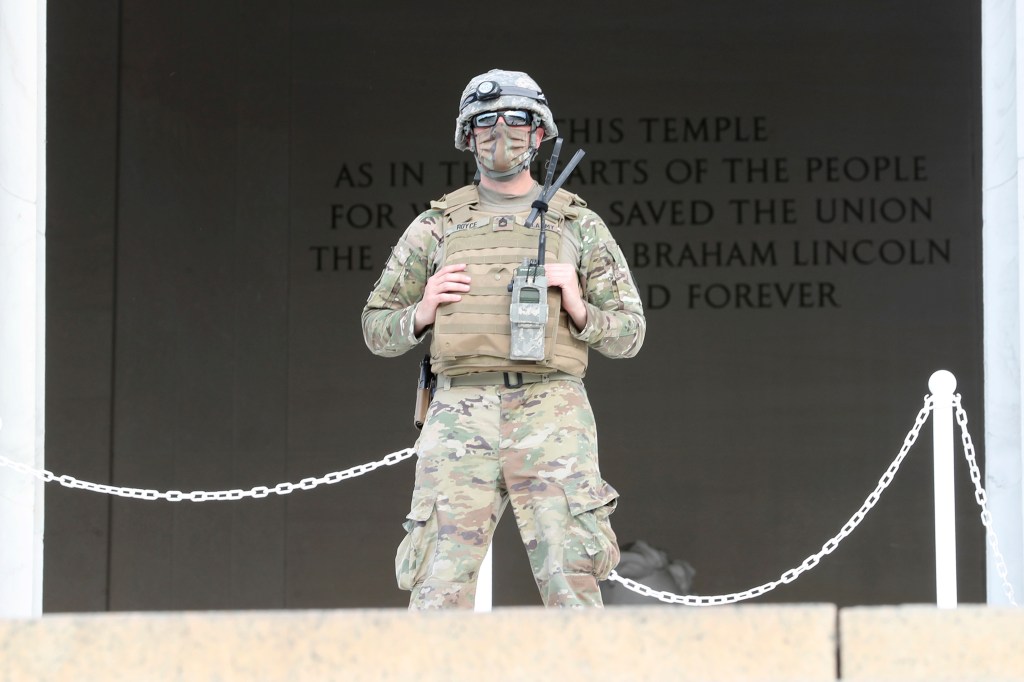 JUNE 4: Washington D.C. National Guard stand guard and provide limited access at the Lincoln Memorial as D.C. preps for another Day of George Floyd protests on June 4, 2020. Credit: mpi34/MediaPunch /IPX​