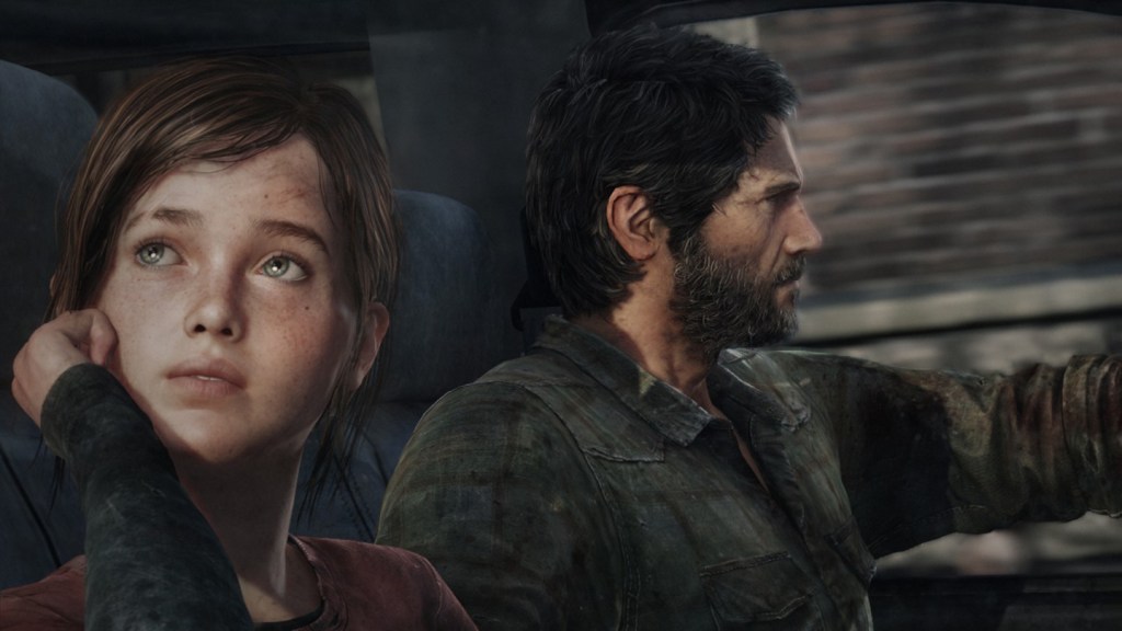 Screenshot from The Last of Us, in the foreground Ellie, white young brown haired girl, looks out the window of a car, while in the background we see Joel, a white, middle aged, black haired man with a short disheveled beard, driving