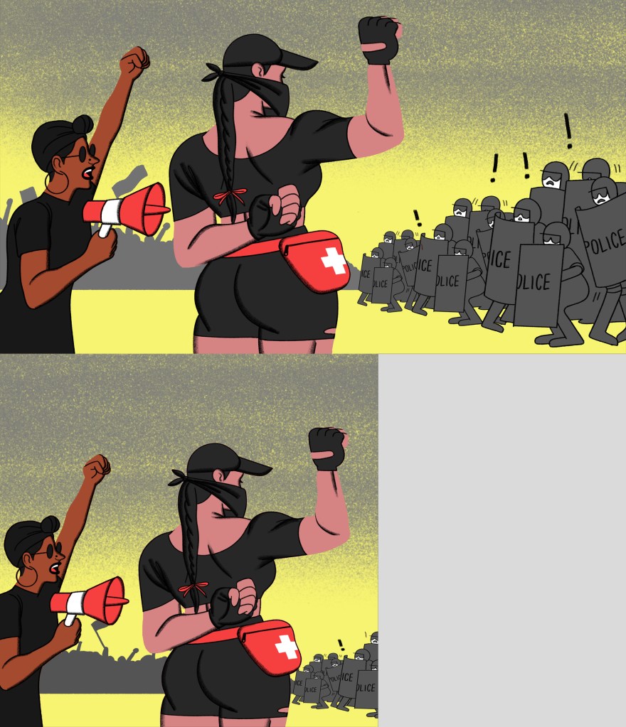 illustration of people and cops at a protest