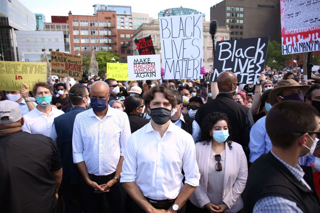 Canadian Prime Minister Justin Trudeau takes part in a Black Lives Matter protest on Parliament Hill on June 5