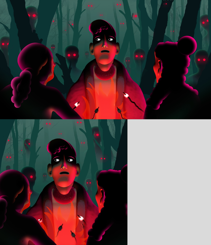 Illustration shows a family around a campfire as faceless figures with red eyes gaze at them from the woods