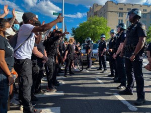 Protesters face off with the NYPD in Brooklyn during weeks long demonstrations responding to the killing of George Floyd.