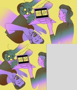 Ilustración de tres personas rodeando una computadora portátil