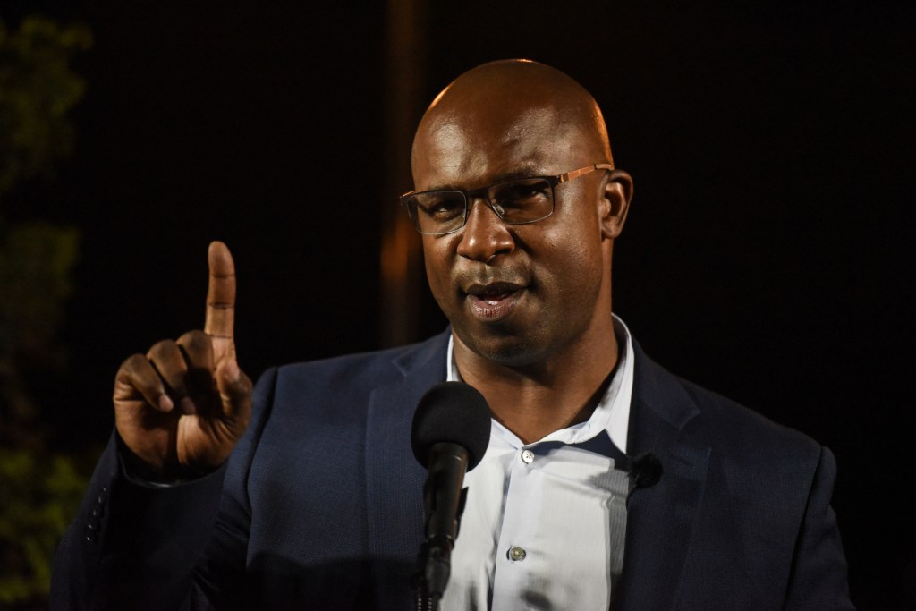 New York Democratic House candidate Jamaal Bowman greets supporters on June 23, 2020 in Yonkers, New York.