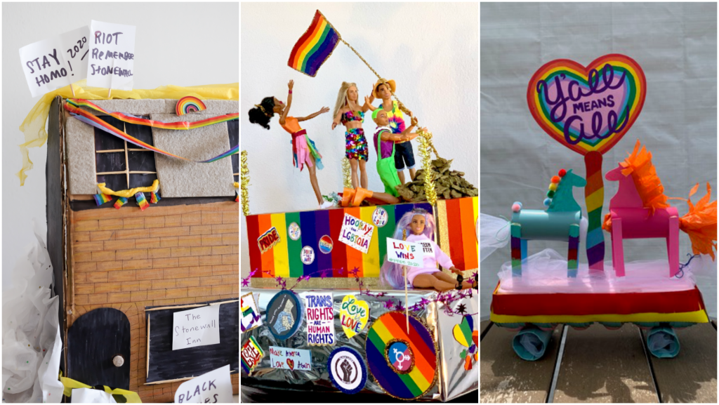 three miniature DIY pride parade floats