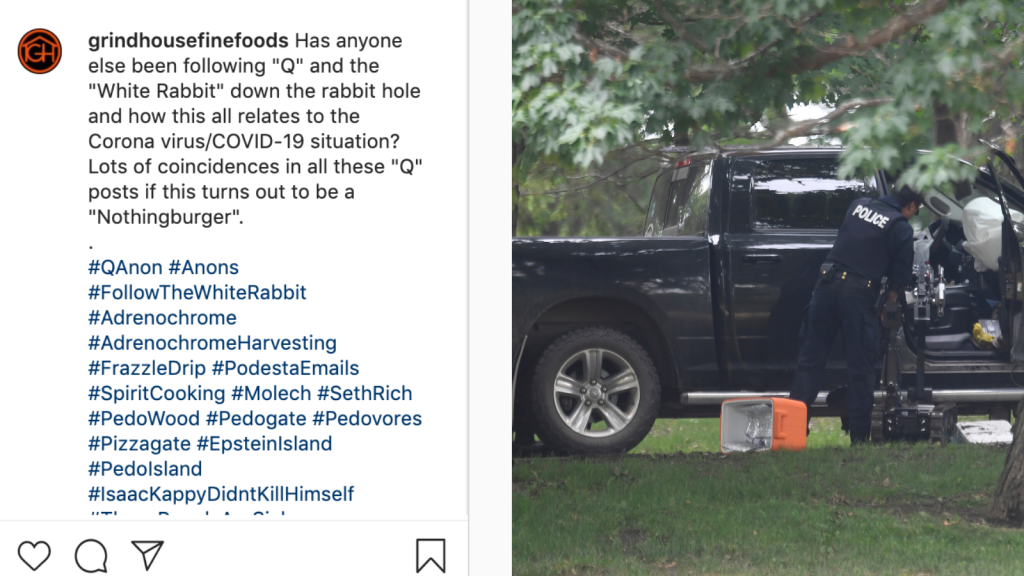 Less than an hour before Corey Hurren allegedly drove his pickup truck through the gates of Rideau Hall, where Prime Minister Justin Trudeau lives, a social media account for his business posted a meme that blames the global elite for COVID-19.