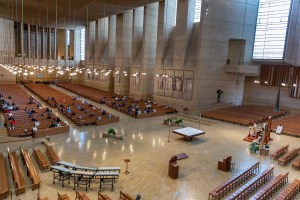 Los Angeles Archbishop Jose H. Gomez celebrates the first English Mass with the faithful present, at the nation's largest Catholic Archdiocese in Los Angeles, Sunday, June 7, 2020.