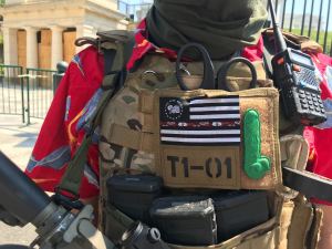 Boogaloo patch on a protester's gear in Richmond, July 2020. Tess Owen