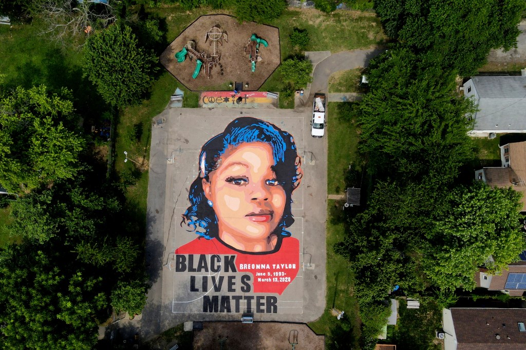 A ground mural depicting a portrait of Breonna Taylor is seen at Chambers Park, Monday, July 6, 2020, in Annapolis, Md.