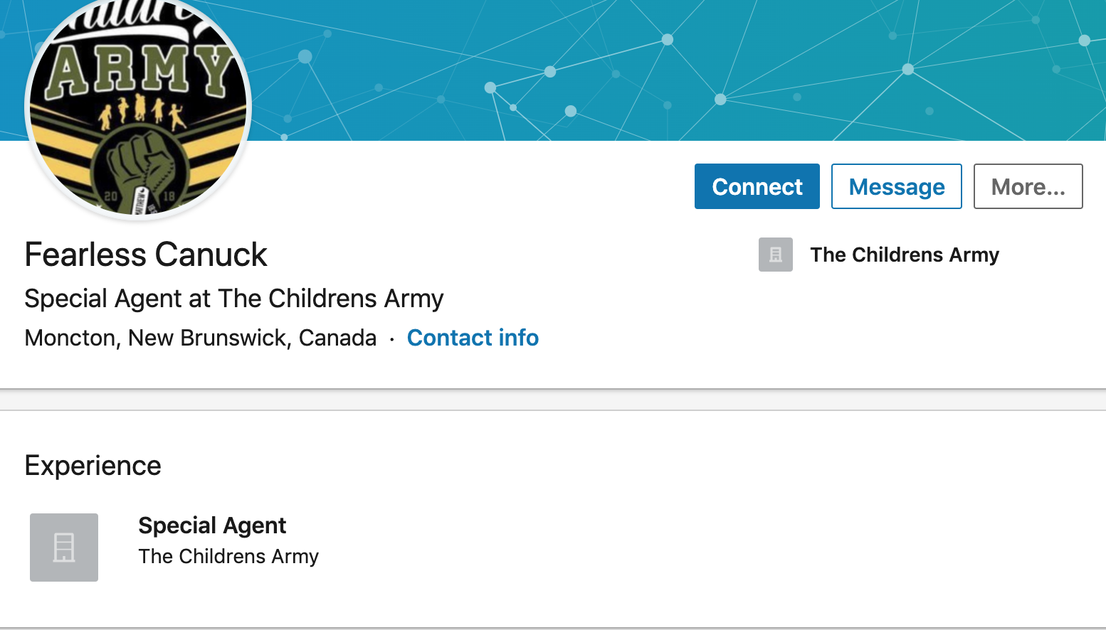 The LinkedIn page of one the Children's Army agents. Photo via screenshot