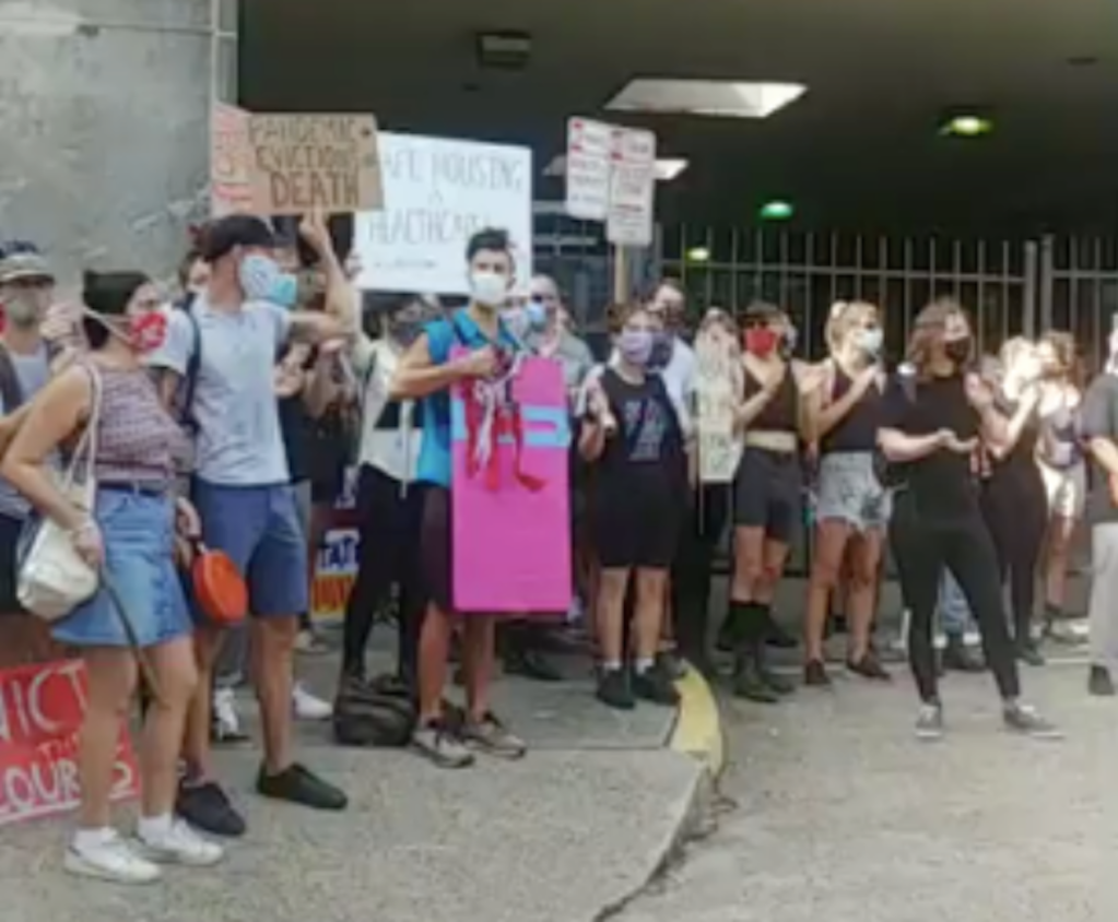 Anti-eviction protesters walled off the entrances to a New Orleans courthouse on July 30, 2020.