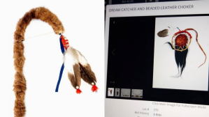 ​Items in the auction catalogue included a "Native walking stick" decorated with what looks like eagle feathers and a "dream catcher" shown with a possible scalp