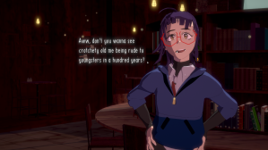 Screenshot from Necrobarista, Maddy, a woman with purple shoulder length hair and octogonal red glasses, stands in front of a book shelf, a bemused expression on her face. Text floats next to her head reading "Aww, don't you wanna see crotchety old me bei