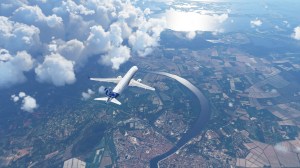 Pesawat terbang di ketinggian dalam game Flight Simulator 2020