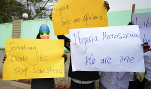 LGBTQ organisations demonstrate outside the Nigerian High Commission