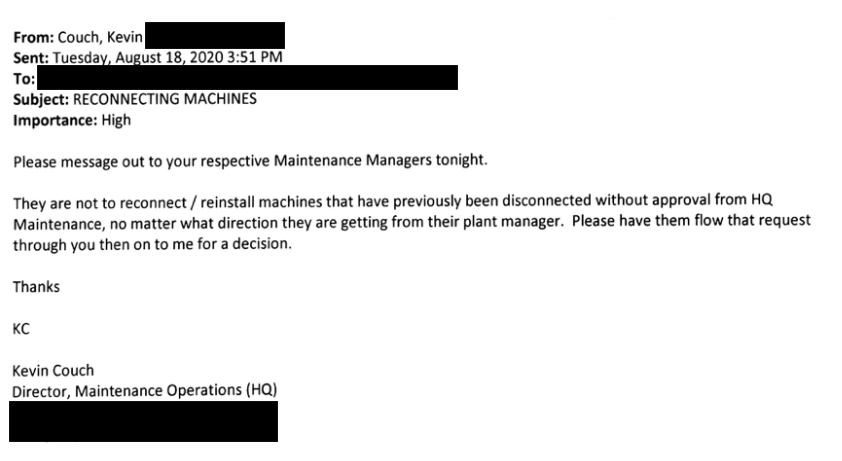 Email from USPS director of operations saying not to plug machines back in