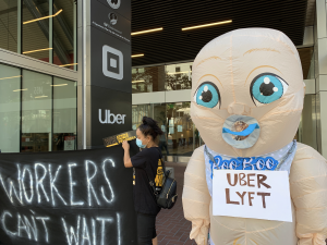 On Thursday, a coalition of app-based drivers and driver advocacy groups in California led a statewide day of action, including a caravan protest that brought a giant inflatable baby to Uber's San Francisco headquarters.  The protest—organized by We Drive