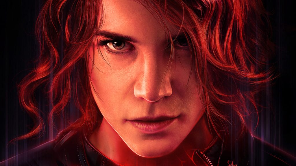 Key art for Control: Ultimate Edition. Close up of Control protagonist Jesse Faden (as portrayed by actress Courtney Hope), a white woman with bright red hair, smirks at the camera.