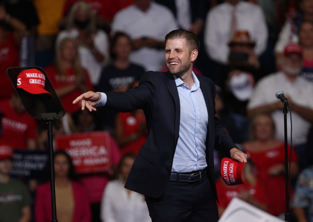 Eric Trump tosses a hat into the crowd at a campaign rally for his father U.S. President Donald Trump at the BOK Center, June 20, 2020 in Tulsa, Oklahoma.