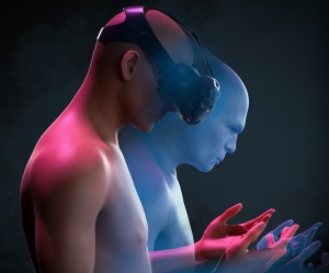 This image shows an artistic depiction of changing bodily self-concept while wearing the goggles