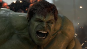 Screenshot from Marvel's Avengers, the Hulk, a huge green muscular man, screams at the camera